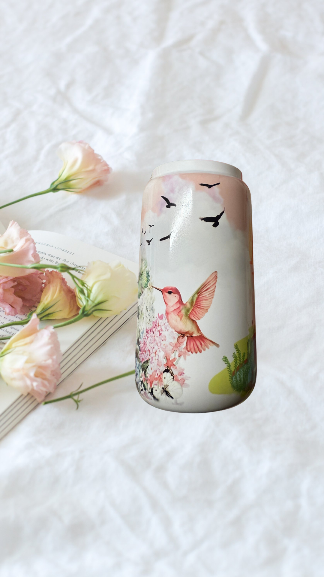 Tasse de 16 oz avec colibris au coucher du soleil