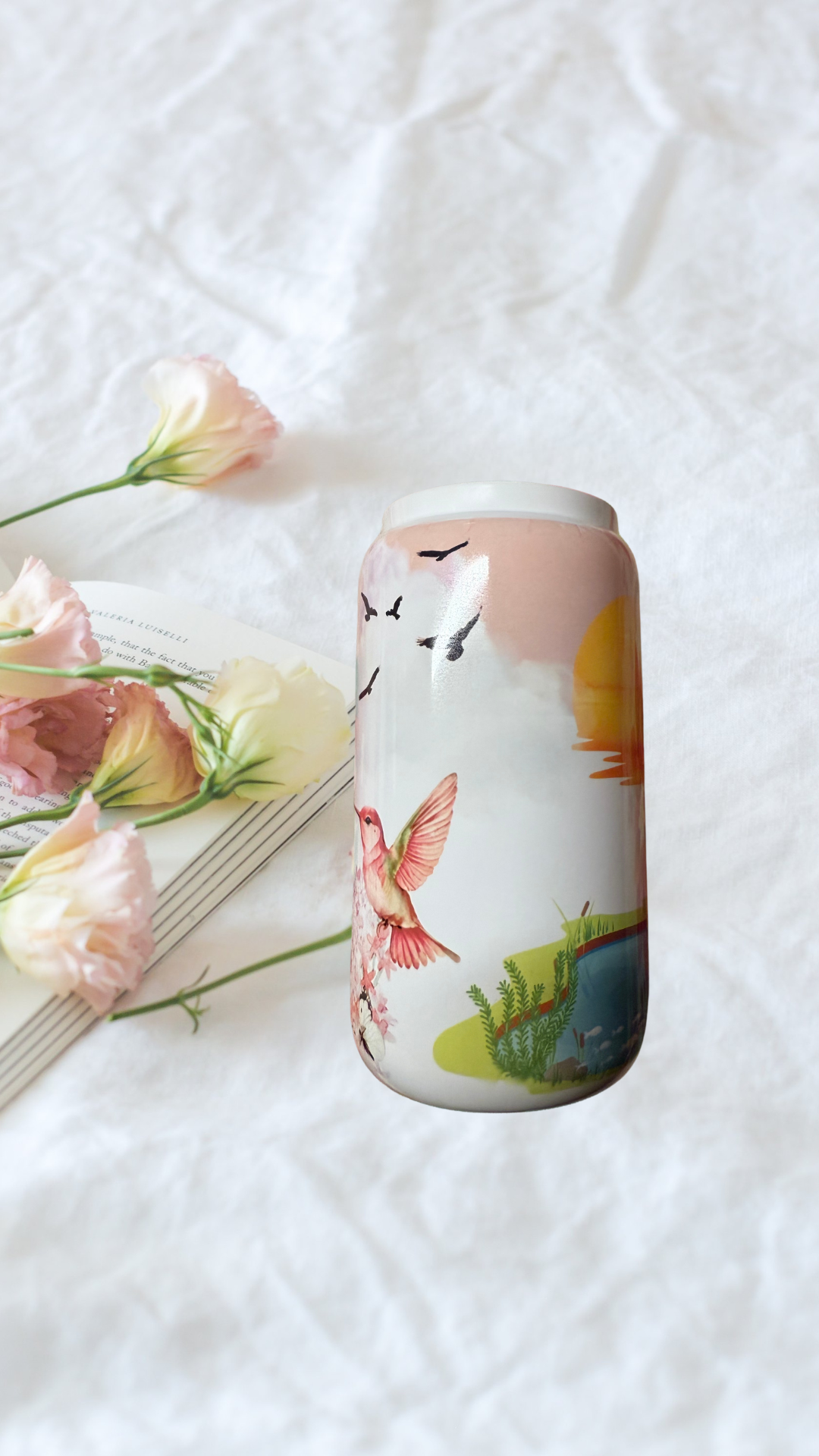 Tasse de 16 oz avec colibris au coucher du soleil